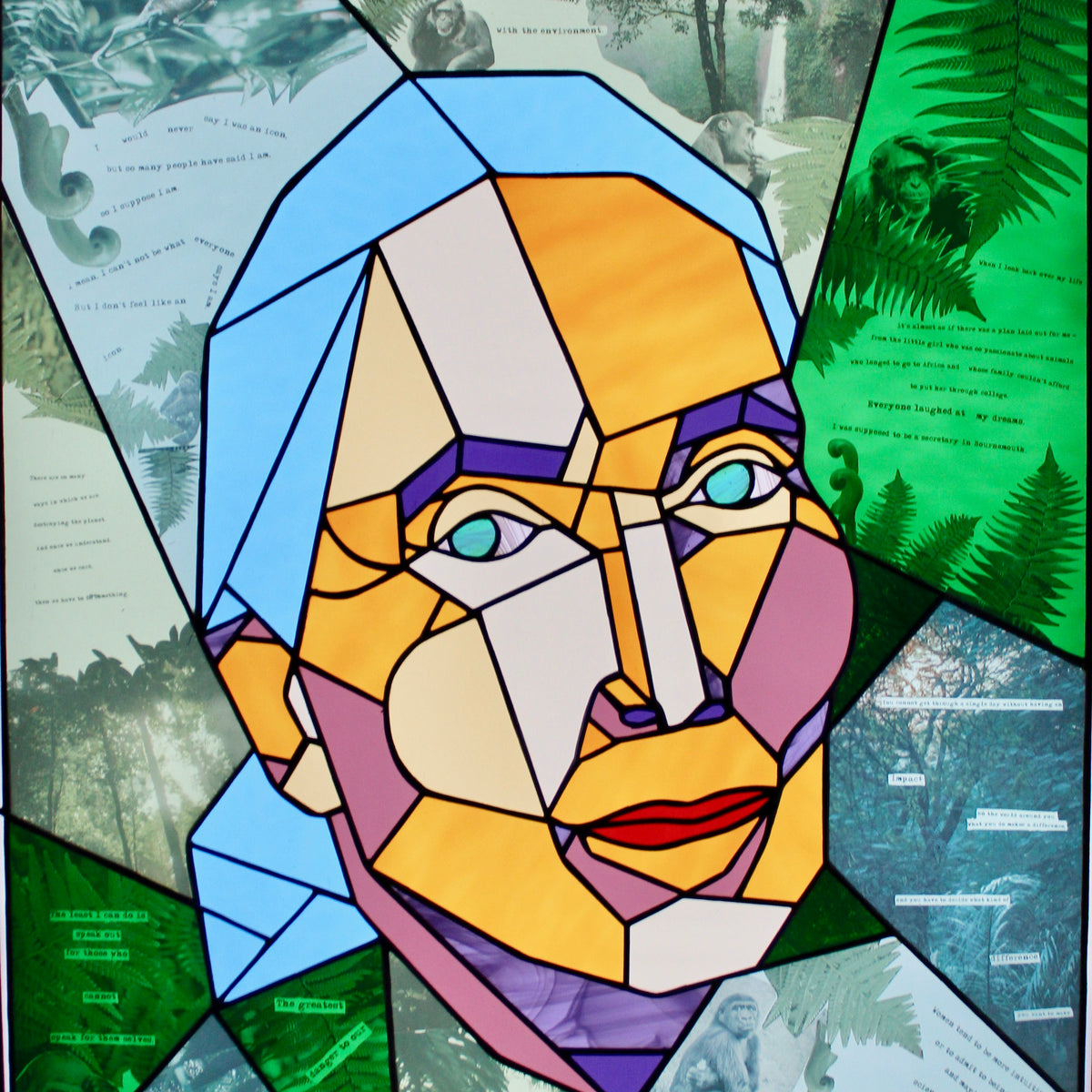 Stained glass design of jane goodall